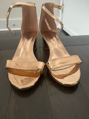 Metallic Rose Gold Block Heel Sandals with Ankle Strap